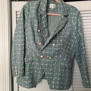 Dainty Jewells Sage Green Windowpane Tweed Double-Breasted Blazer